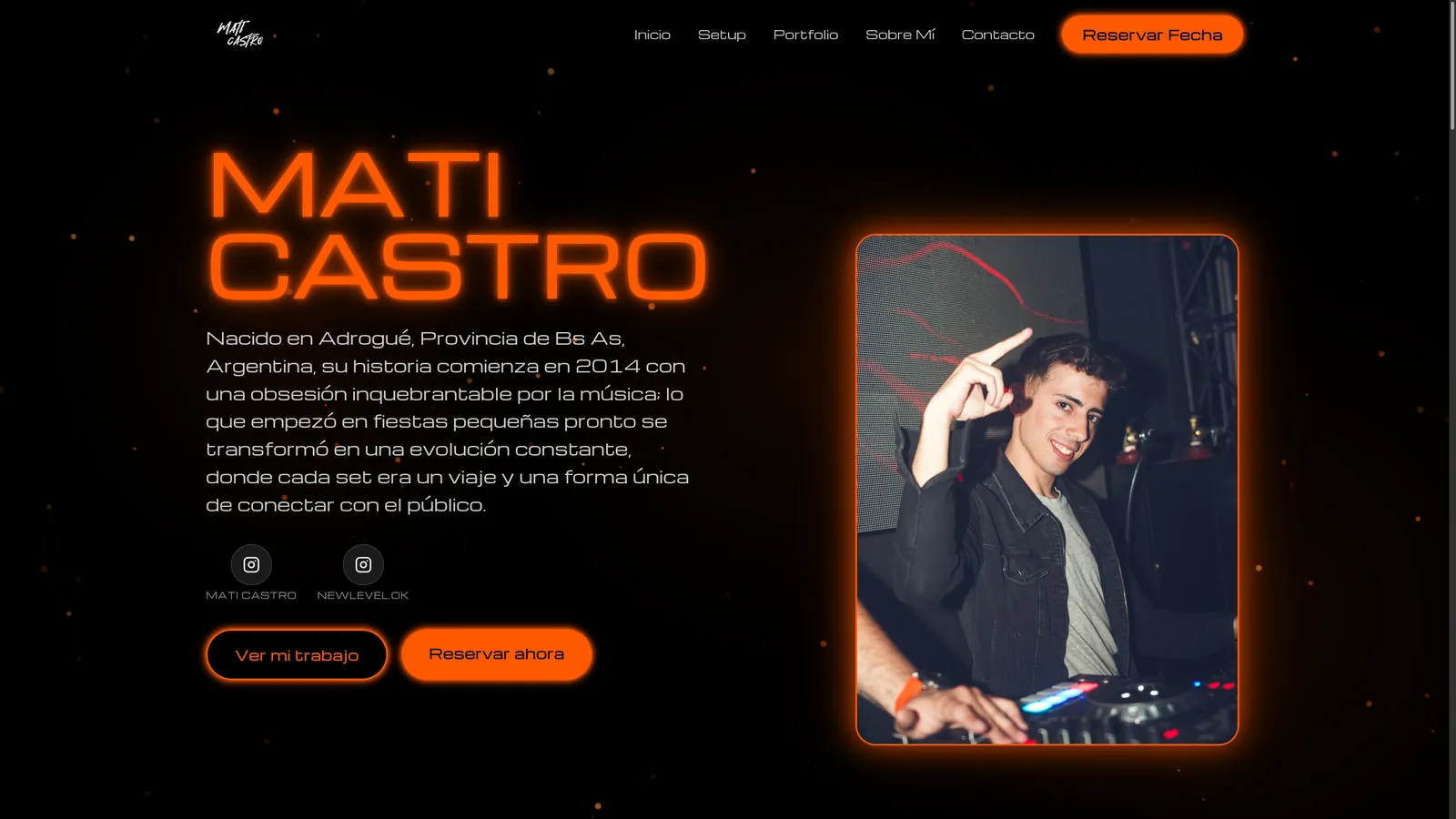 Mati Castro DJ portfolio with music player, events, gallery, and contact sections